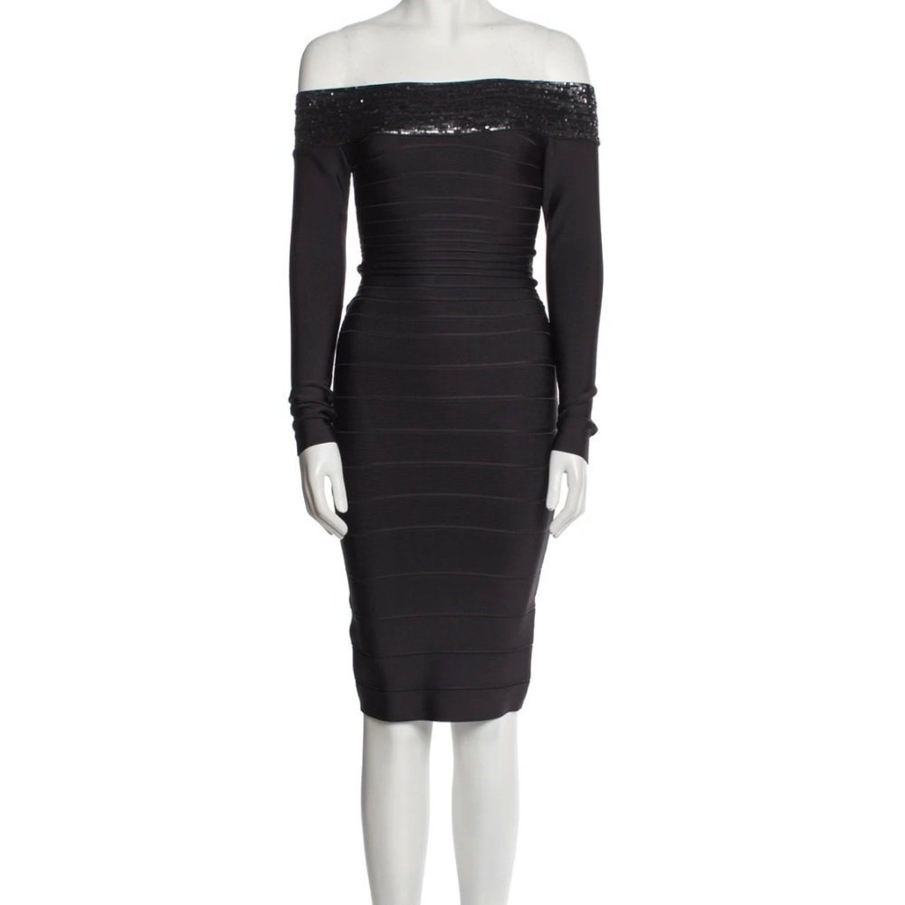 NWT Herve Leger Off the shoulder with sequin Dress, Size M, Black